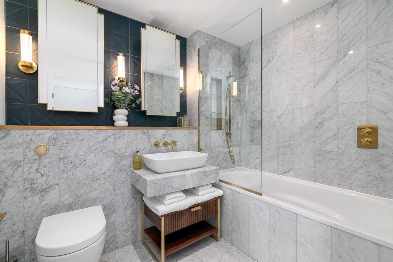 Marble bathroom detail from a MALCON apartment refurbishment