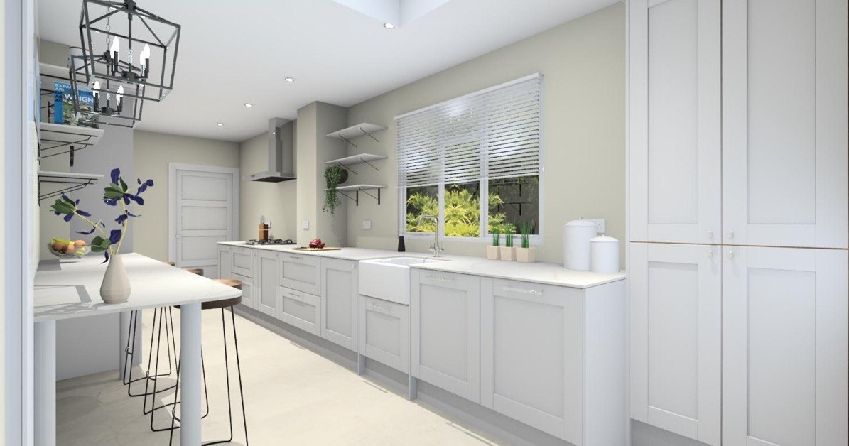 Design visualisation: 3D render of a light-grey Shaker kitchen with a Belfast sink, open shelving and a breakfast bar
