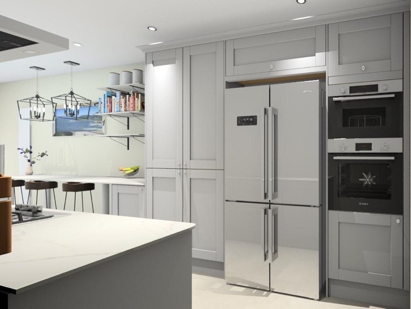Design visualisation: 3D render of light-grey Shaker tall units with a fridge-freezer and built-in ovens beside an island